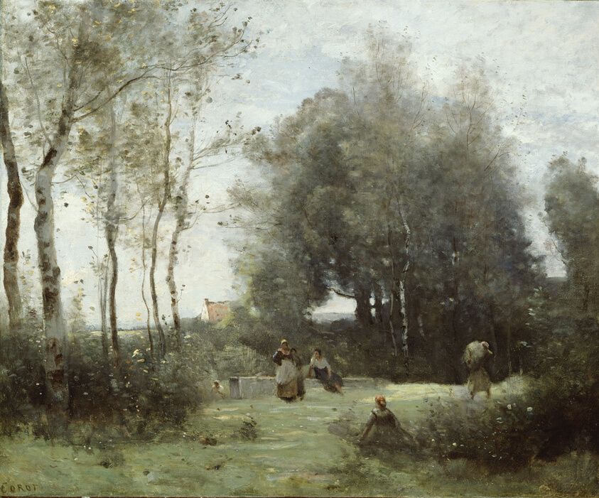 Soft silvery landscape of tall birch trees and a meadow, with a few figures resting near a low stone bridge.